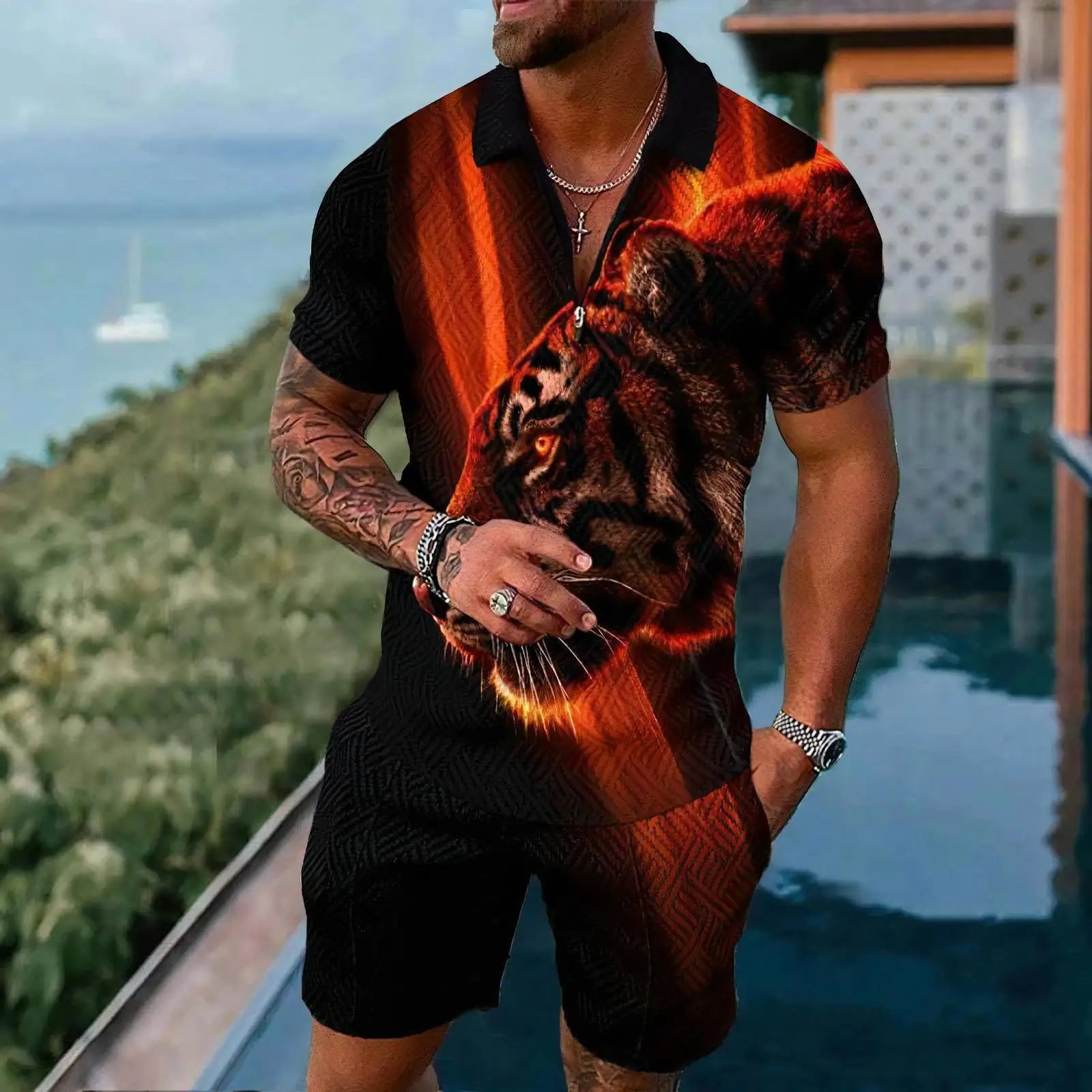 Fashion Men Short Sleeve Sets Summer Urban Street Style Zipper Polo Tops Shorts 2 Piece Outfit Luxury Men's Social Shirts Suit