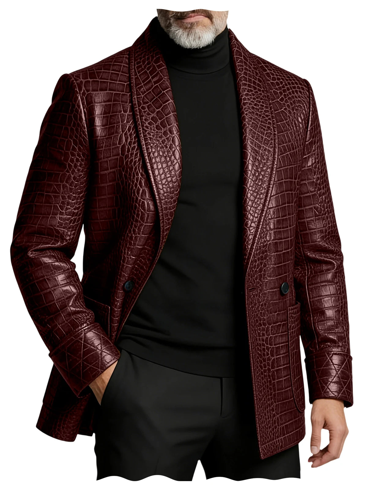 Men's Crocodile Embossed Leather Blazer Double Breasted Business Casual Brown Jacket Office Wear Formal Plus Size  Suit Coat