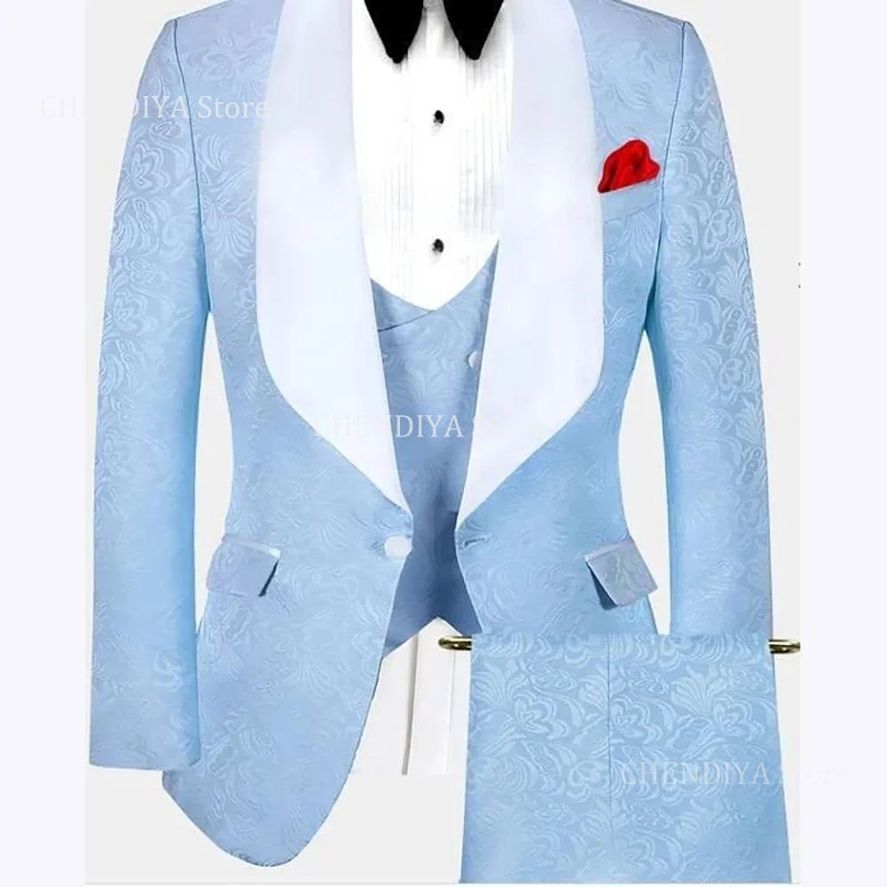 Slim Fit Men's Suits Set 3 Piece Fashion Printing Shawl Lapel One Button Wedding Groom Outfit Formal Suit Jacket Vest With Pants