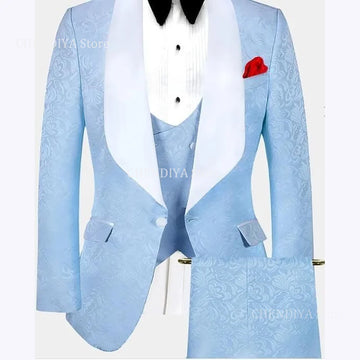 Slim Fit Men's Suits Set 3 Piece Fashion Printing Shawl Lapel One Button Wedding Groom Outfit Formal Suit Jacket Vest With Pants