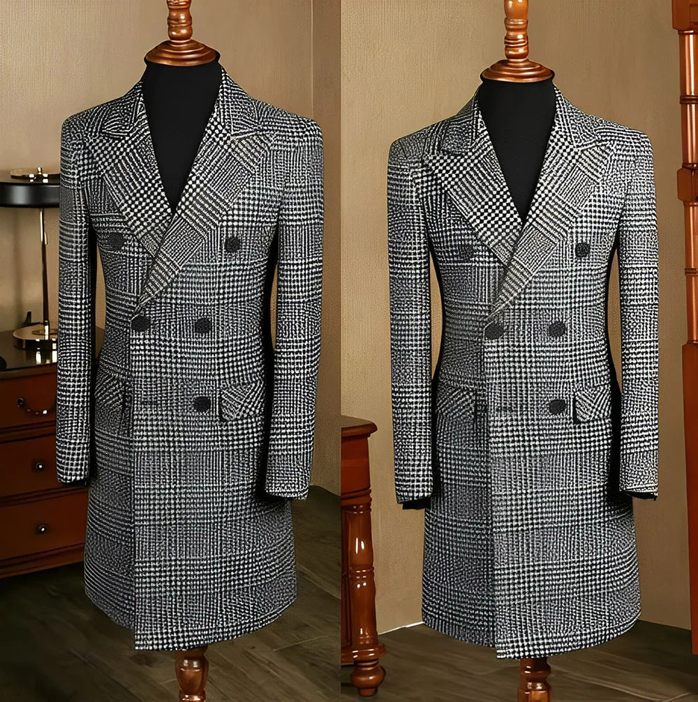 Men's Blazer Long Wool Coat Double Breasted Jacket Formal Business Workwear Classic Men's Outerwear