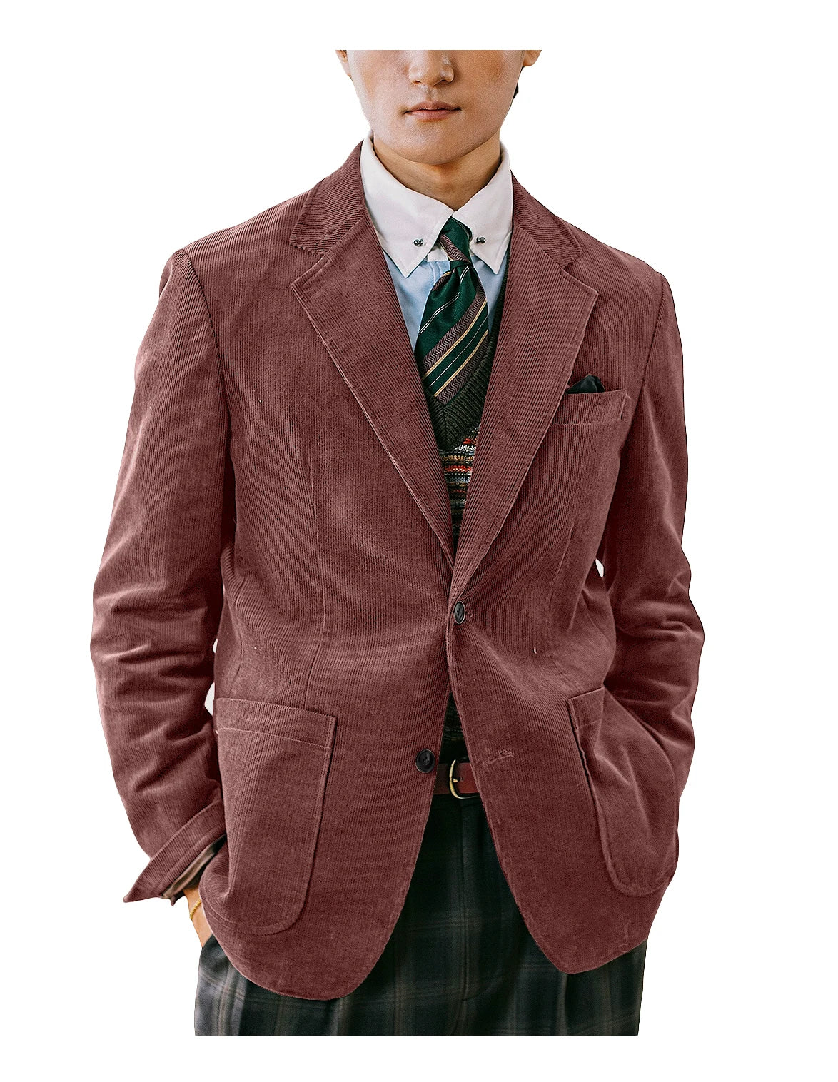 Men's Corduroy Blazer British Style Notched Lapel Casual Slim Fit Suit Jacket For Business Wedding Daily Wear Party