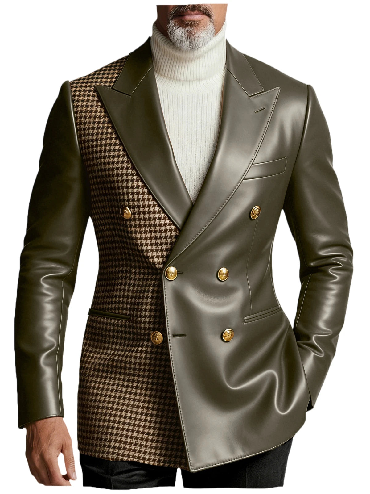 Men's Houndstooth Faux Leather Patchwork Blazer Jacket Double Breasted Peak Lapel Gold Button Slim Fit Suit For Business Casual