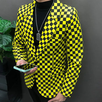 Couleur de couleur jaune noir streetwear chanteur hip hop danseuse manteau costumes de scène hommes single bouton slim costume veste