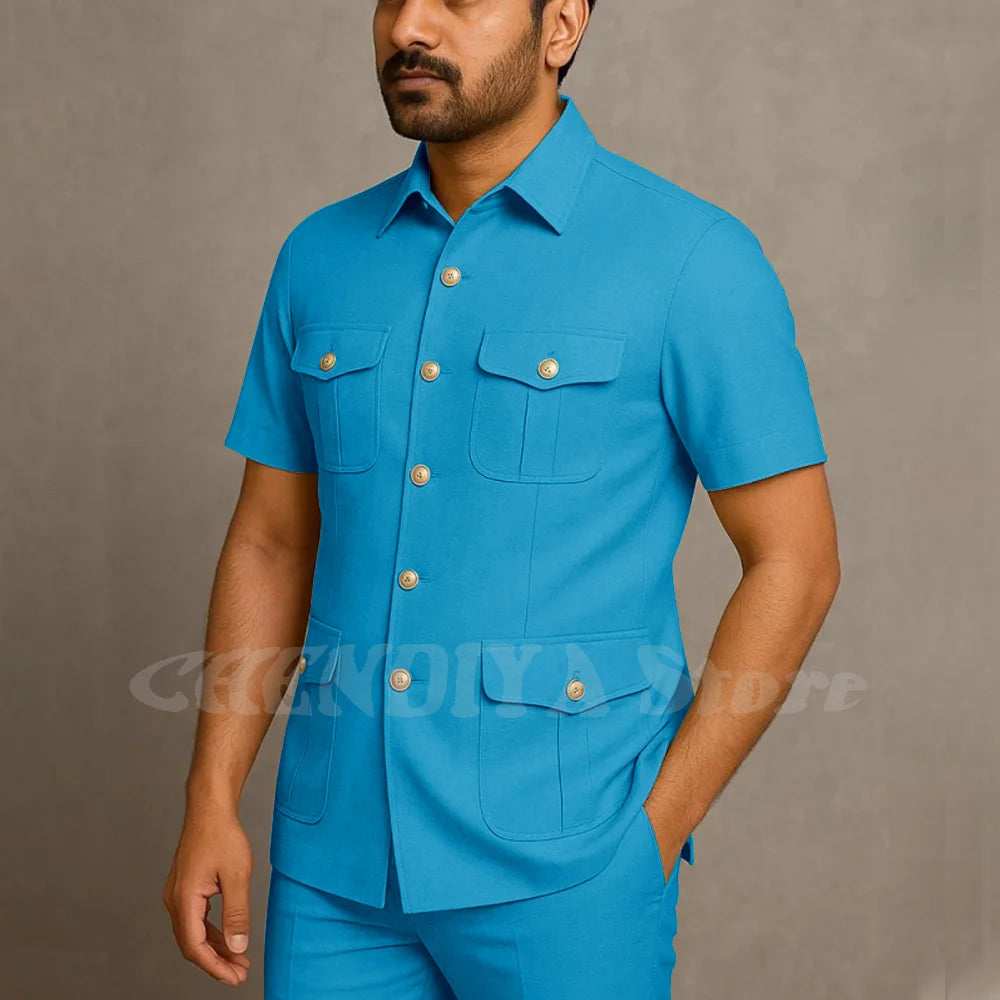 Solid Color Men Suits Safari Style Stand Collar Single Breasted Slim Fit Outfits Smart Casual Office Work Social Daily Set