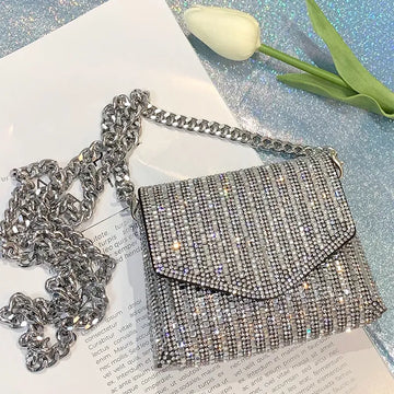 Rhinestone Evening Bag Luxury Designer Handbags for Women 2023 PU Leather Purses Summer Girls Chain Clutch Shoulder Bags