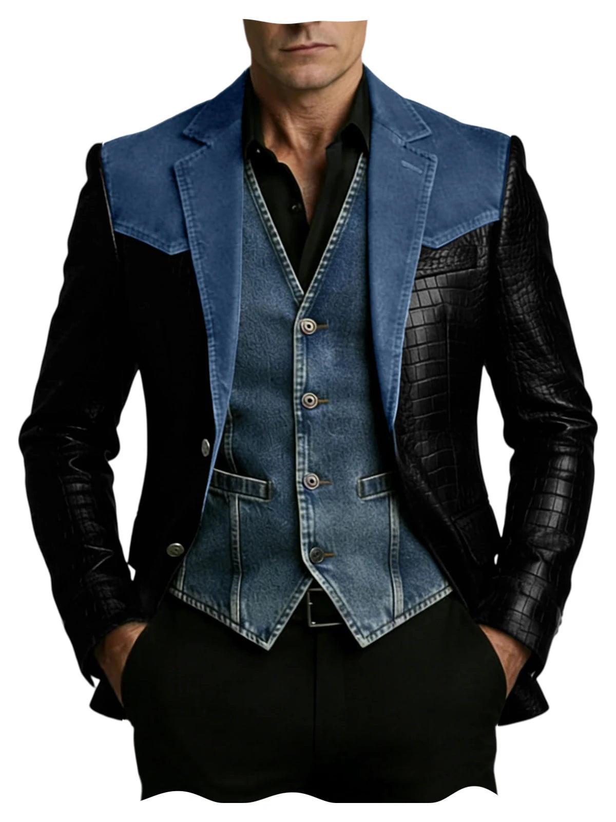 Men's Blazer Luxury Crocodile Embossed Leather Patchwork Denim Suit Jacket Notched Lapel Western Cowboy Party Casual Streetwear