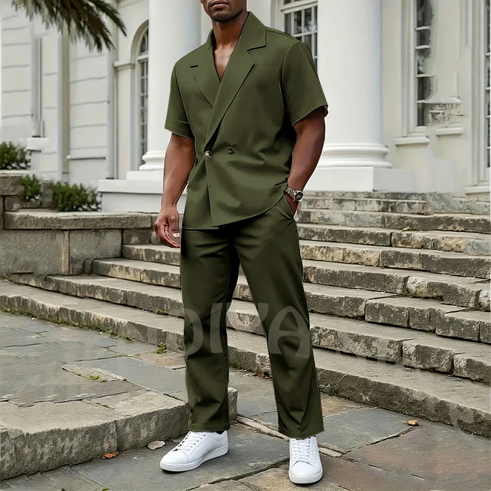 Stylish Men's 2 Piece Sets Notch Lapel Double Button Short Sleeves Blazer Suit Straight Fit Summer Casual Fashion Outfit