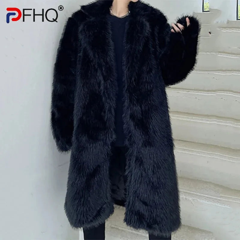 PFHQ Men's Autumn Winter Solid Color Long Sleeve Imitation Fur Coat Korea Fashion Casual Male Trench Warm Loose 21Z7617