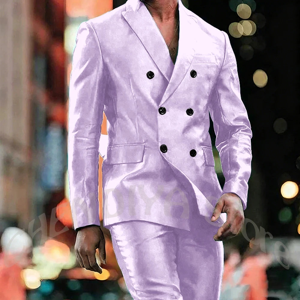 Elegant Satin Men Suit 2 Pieces Peaked Lapel Handsome Tailor-Made Custom Man Fashion Clothes Set Smart Casual Jacket Pants