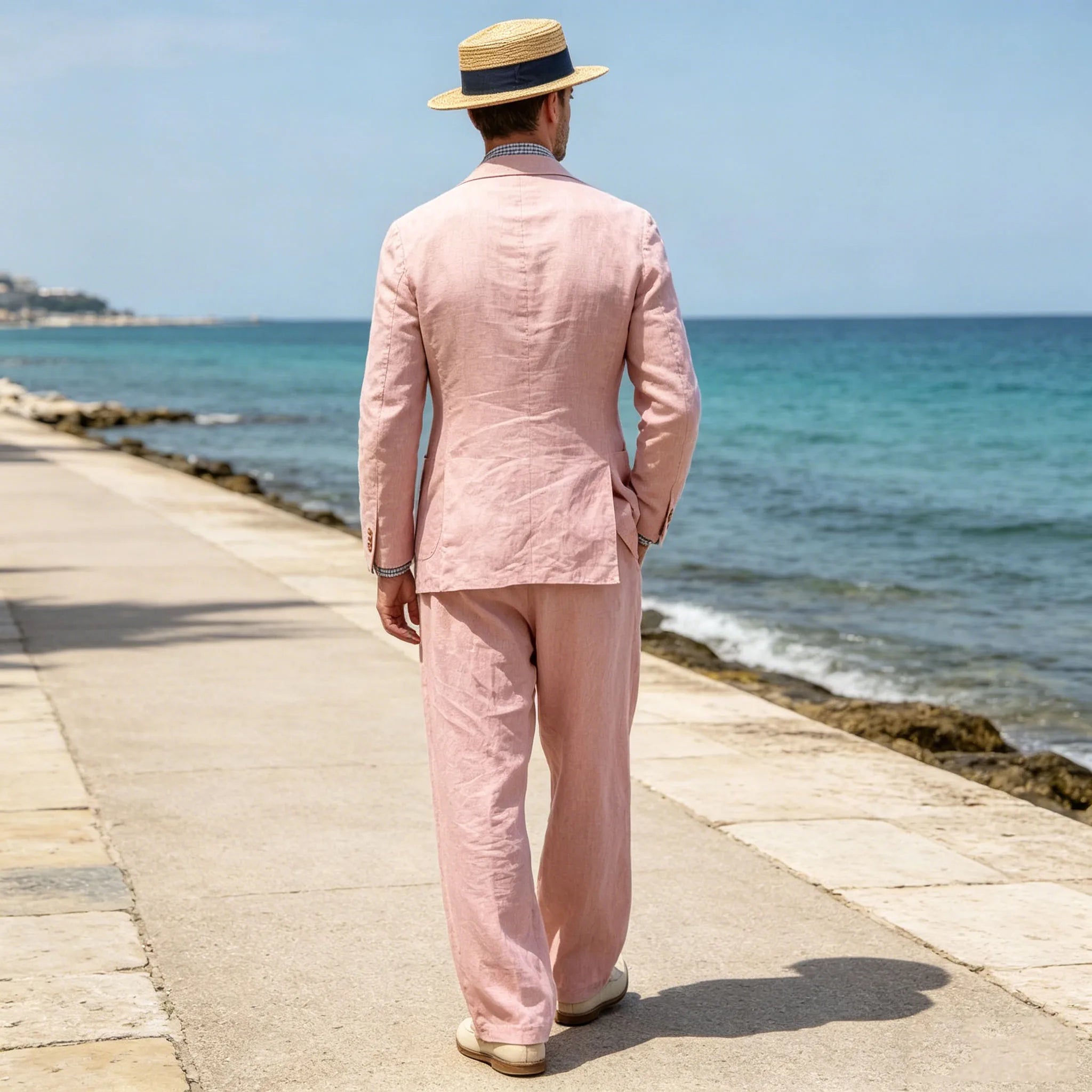 Men's Linen Suit 2 Pieces Luxury Slim Fit Casual Blazer Straight Leg Pants Breathable Wrinkle Resistant Lightweight For Wedding
