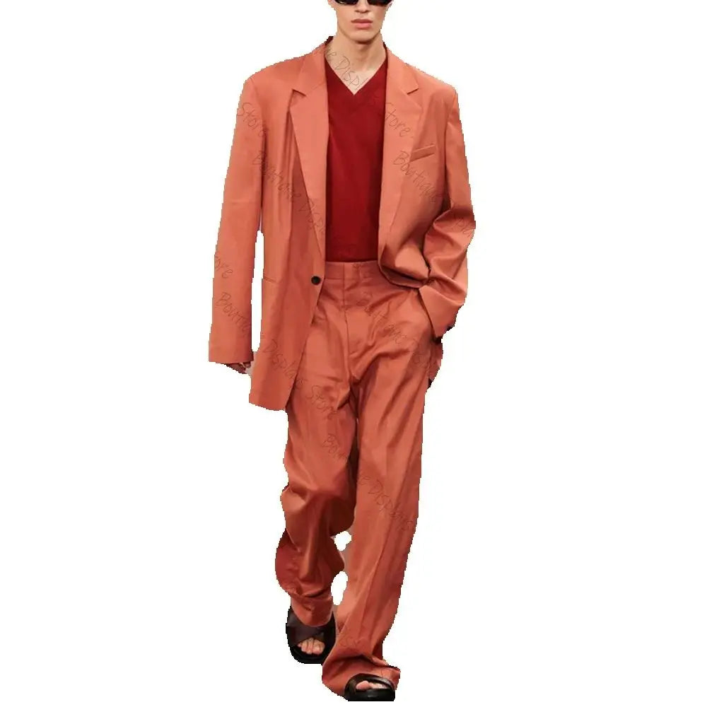 Loose Orange Single Breasted Men Suit Peaked Lapel Business Casual Formal Costume Homme  2 Pcs Set Jacket Pants