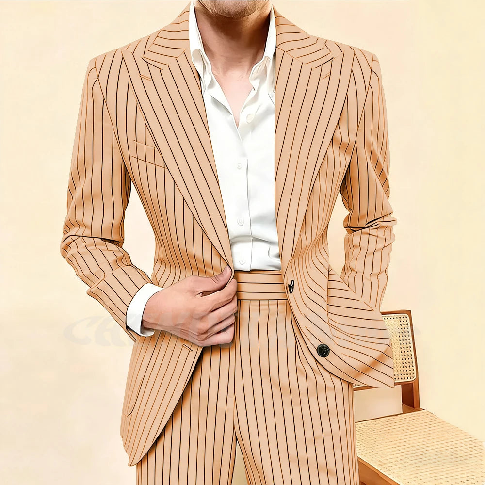 Elegant Striped Men Suit 2 Piece Fashion Single Breasted Peak Lapel Costume Homme Business Casual Daily Office Male Jacket Pants