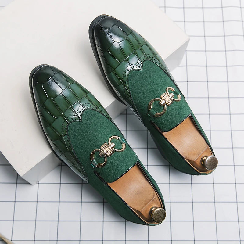 Autumn Green Loafers Men Slip-on Nubuck Leather Luxury Brand Thick Bottom Pointed Toe Fashion Designer Leather Shoes Men Casual