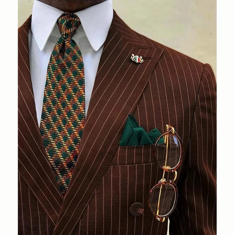 Brown Stripe Men Suits 2 Piece Chic Double Breasted Business Casual Outfits Fashion Peak Lapel Wedding Tuxedo (Jacket+Pants)
