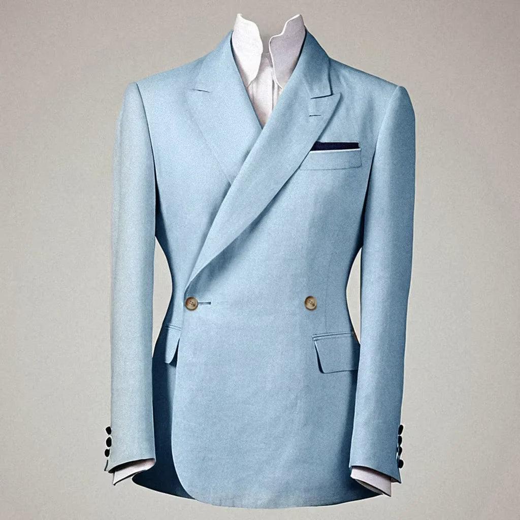 Elegant Men's Linen Cotton Blazer Double Breasted Slim Fit Peak Lapel Breathable Wrinkle Resistant Summer Sport Coat For Wedding