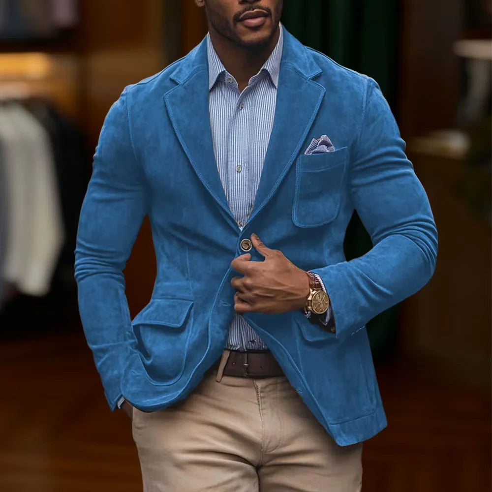 Men's Suede Brown Blazer Vintage Slim Fit Notched Lapel Formal Jacket High Quality Flap Pocket Sport Coat For Business Casual