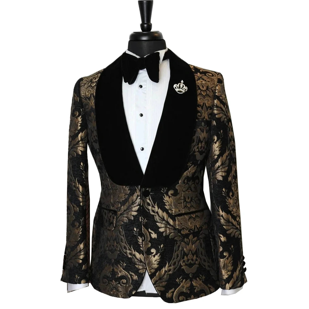 Costume Homme Shawl Lapel Black Jacquard Jacket 1 Piece Dinner Party Groom Wear Men Wedding Suits For Men Prom Tuxedo Blazer