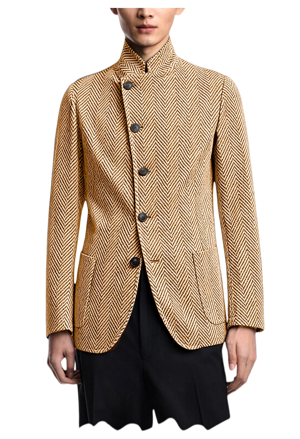 Vintage Men's Herringbone Jacket Stand Collar Slim Fit Wool Blend Formal Blazer Fashion British Style Sport Coat Business Casual