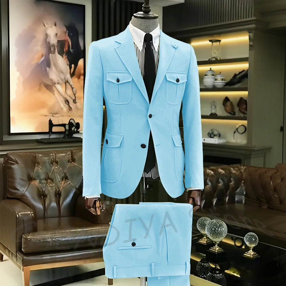Customized Men Suits Solid Color Four Pockets Notch Lapel Outfits Formal Party Prom Daily Male Sets Two Piece(Blazer+Pants)