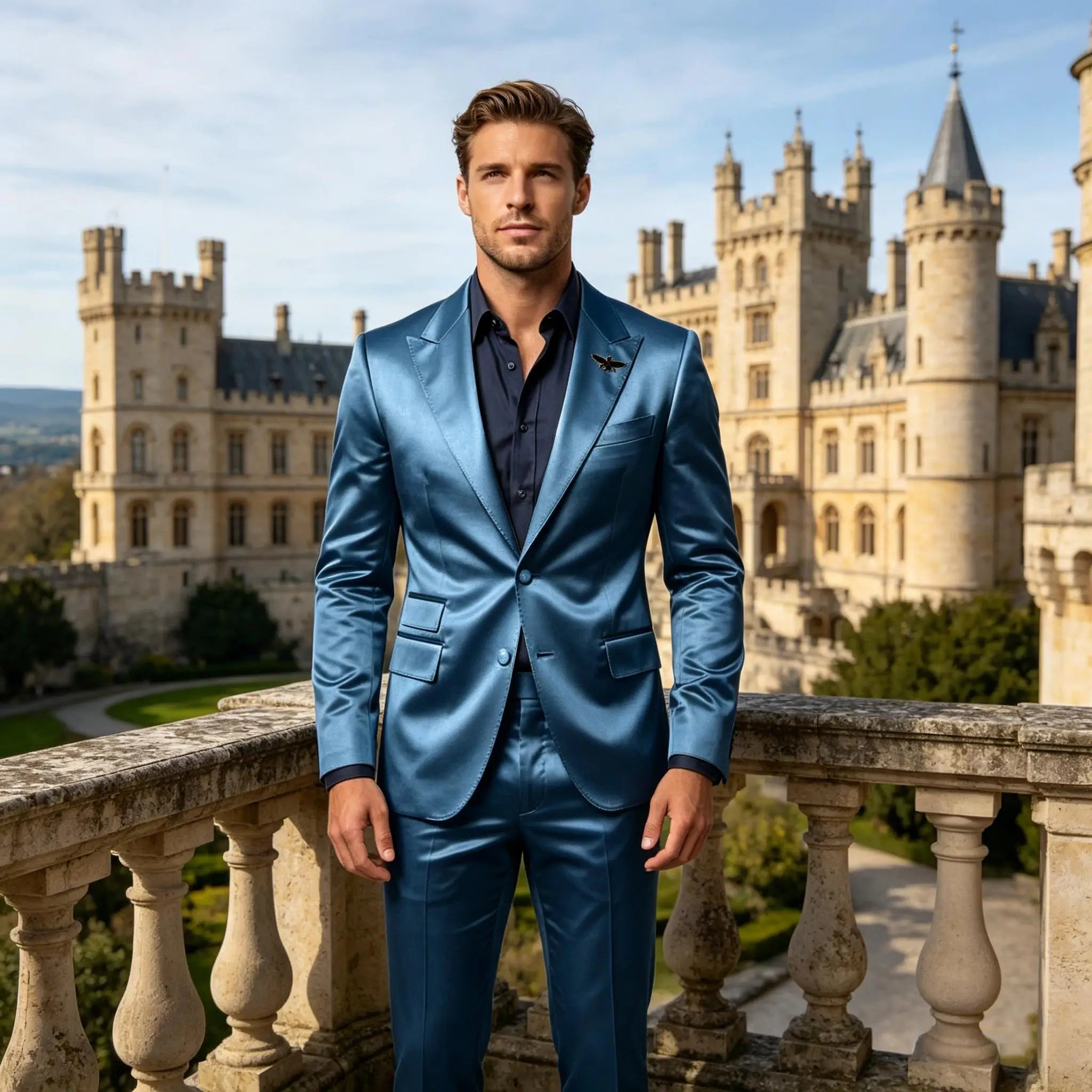 Men's Satin 2-Piece Suit Set Slim Fit Peak Lapel Tuxedo Blazer With Straight Leg Pants For Wedding Party Formal Wear