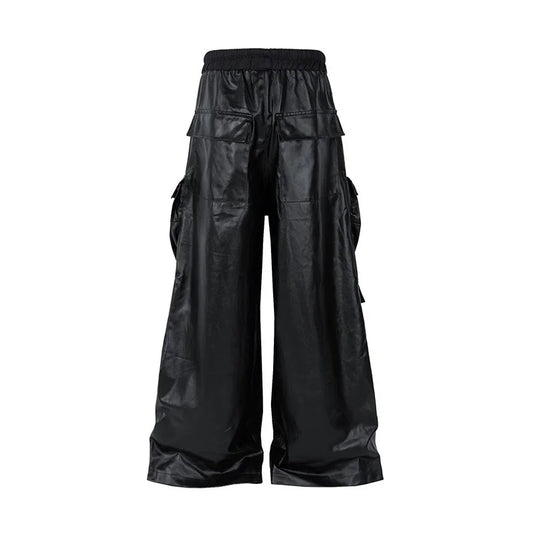 PFHQ Trendy American Street Men's Work Pants PU Leather Pocket Wide Leg Trousers Solid Color Darkwear Male Casual 21Z7056