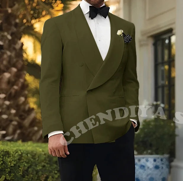 Double Breasted Men Suits Wedding Suit Groom Elegant Shawl Lapel 2 piece Slim Fit Man Set Jacket With Black Pants Formal Blazer