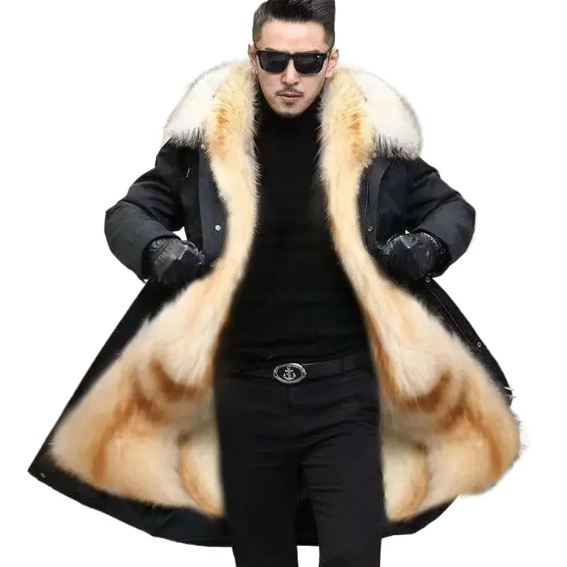 Fur Lined Parkas Men Faux Fur Coat Big Size Hooded Warm Long Fox Fur Coat Snowsuit High Quality Men Clothing Zipper Long Sleeve