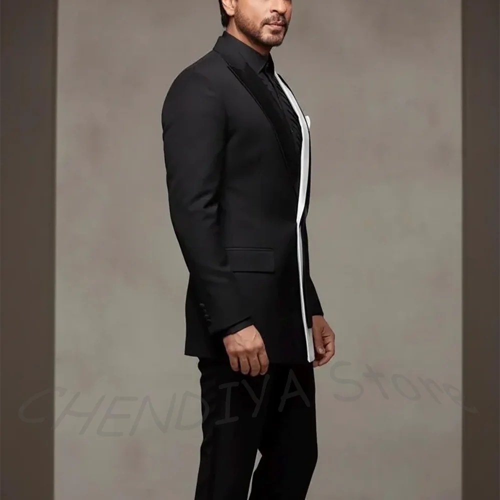 Slim Fit Men's Suit Peaked Lapel Contrast Color Single Button Business Meeting Smart Casual Two Pieces Set Jacket with Pants