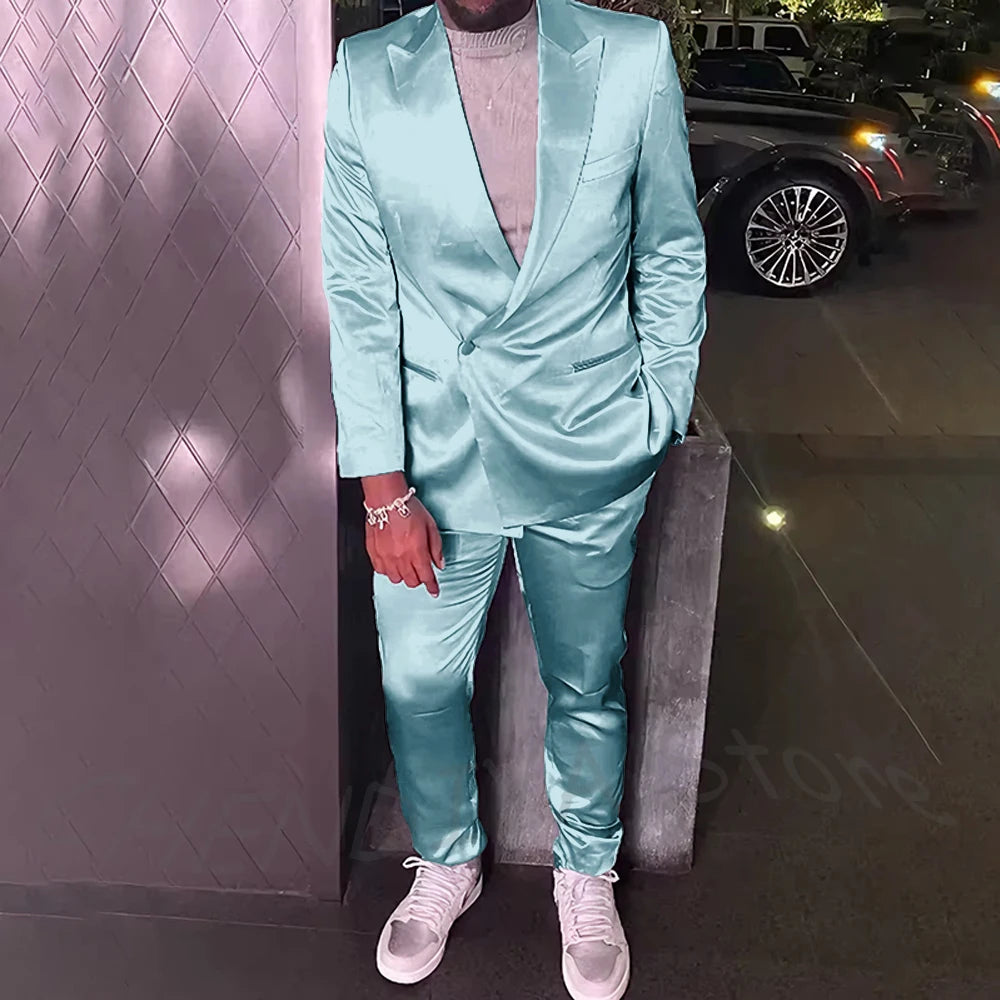 Silver Satin Men Suits 2 Piece Chic Peak Lapel Casual Daily Suit Single Button Formal Evening Party Tuxedo (Blazer+Pants)