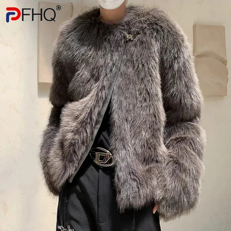 PFHQMen's Thickened Faux Fur Jackets  Autumn Warm Fake Fox Cotton Top Loose Solid Color Male Padded Jackets Winter Trend 9C3609