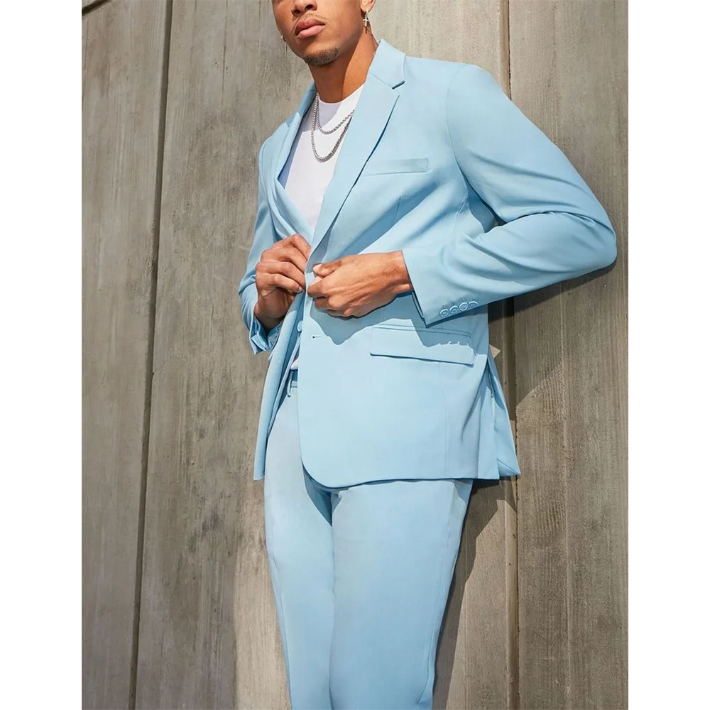 Sky Blue Men's Suits Single Breasted Notch Lapel Casual Suit Daily Office Work High Street Formal Outfits Jacket Pants Slim Fit