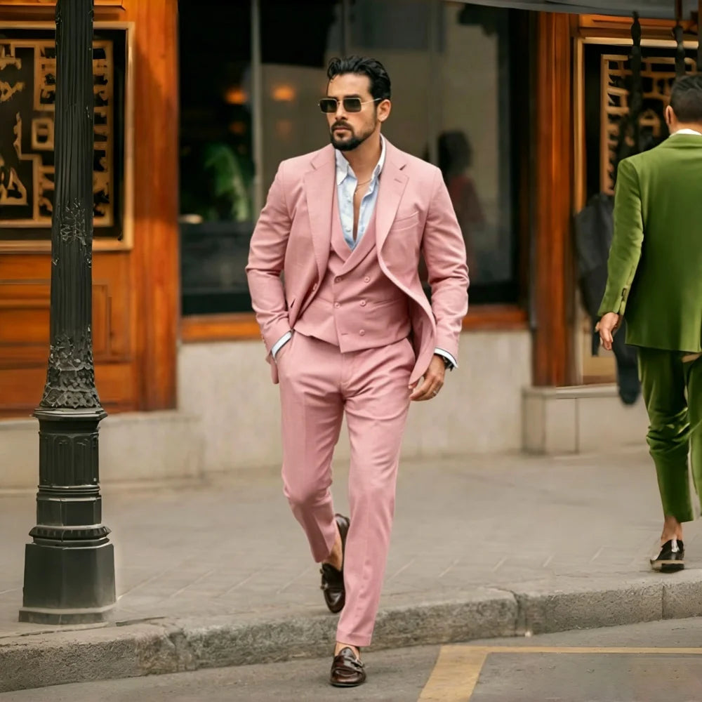 Sage Green Linen Men Suits 3 Pieces Prom Wedding Tuxedo Summer Slim Fit Groom Blazer Trousers Vest Set Formal Men Suit Set