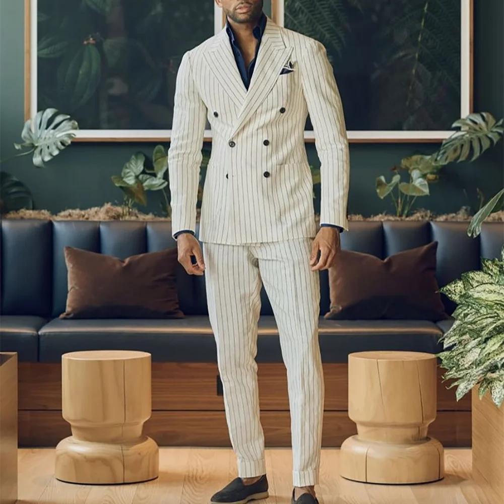 White Striped Suit For Men Chic Peaked Lapel Double Breasted Classic Fitted Straight Business Casual Daily Office Male Clothing