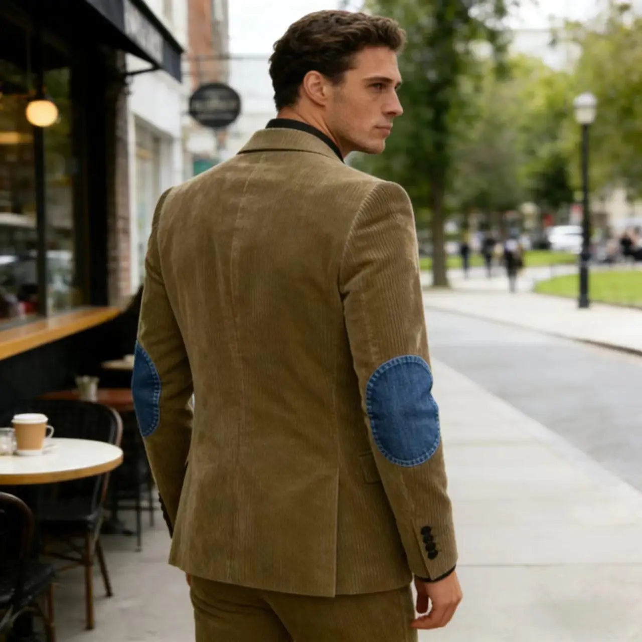 Vintage Men's Corduroy Blazer Jacket with Denim Elbow Patches Casual Business Notch Lapel Suit Sport Coats for Men Spring