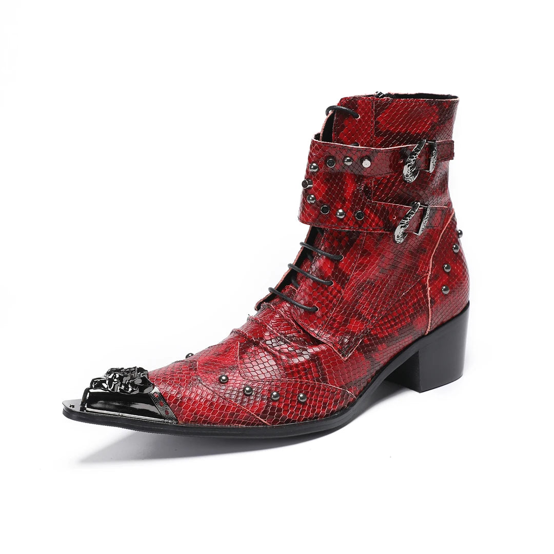 Men's Chelsea Mid-Calf Boots with Low Heels Metallic Pointed Toe Genuine Leather Lace-Up Zipper and Buckle Party Shoes