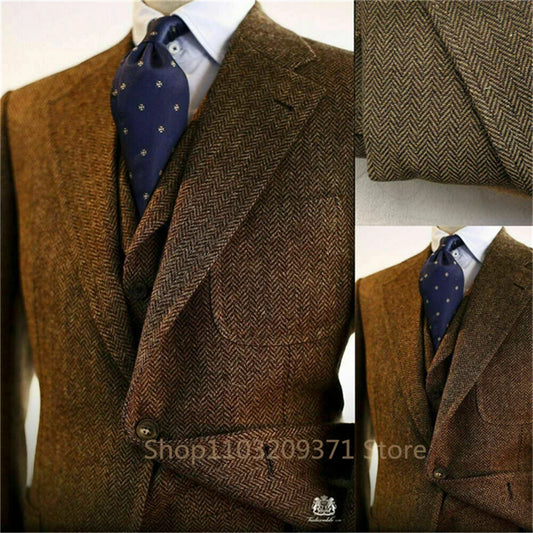 Herringbone Men Suits Formal Business Blazer-Set Brown Tweed Woolen Groomsmen Marraige Wedding Tuxedo Jacket+Waistcoat+Pants