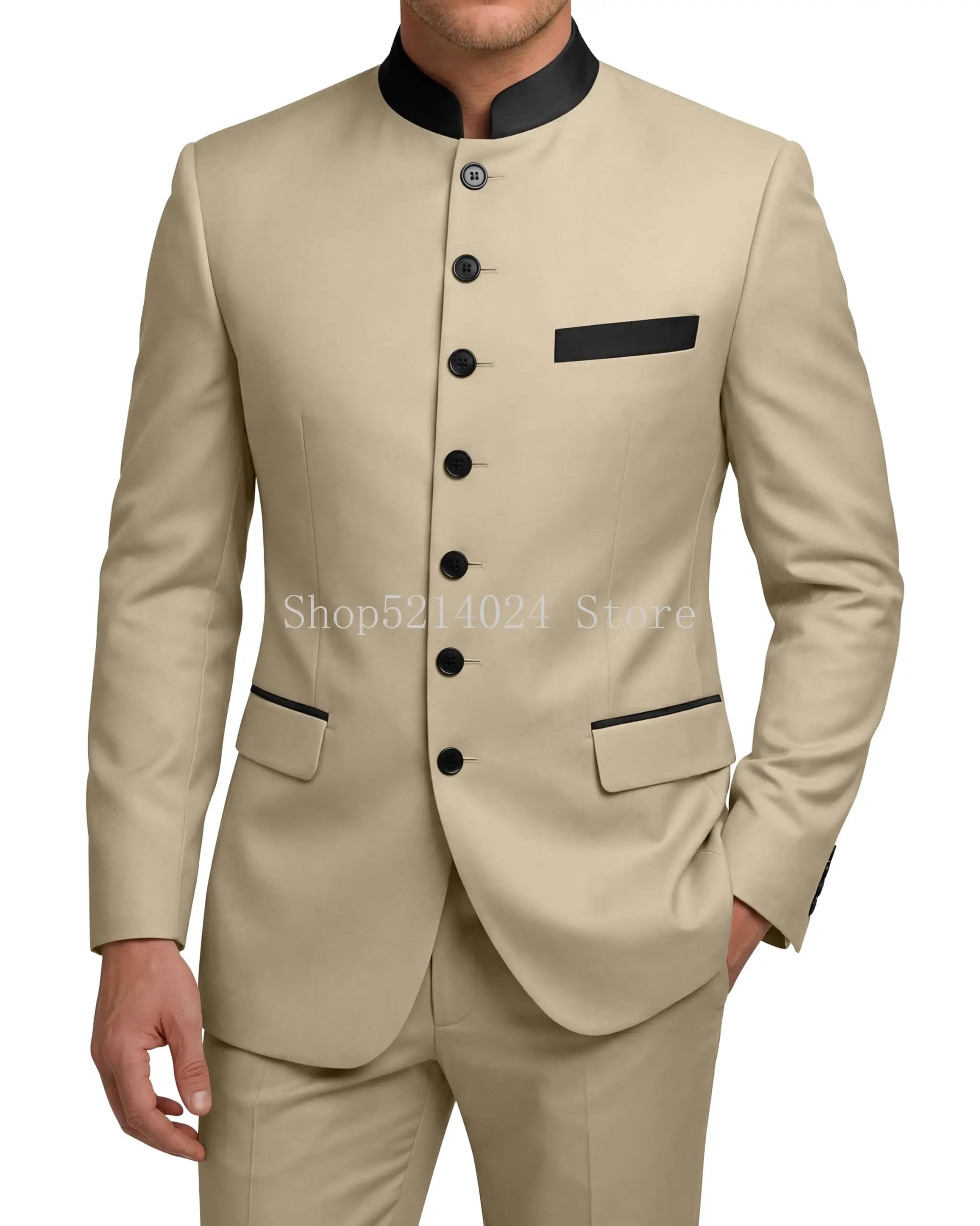 Chinese Tunic Suit Mens 2 Piece Chinese Suits for Men Slim Fit Mandarin Collar Suits for Wedding Prom Party