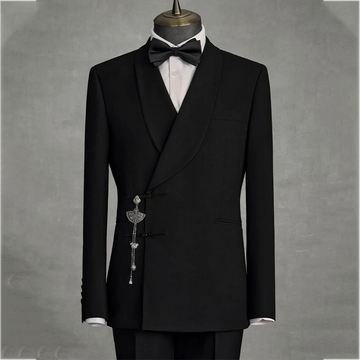 Solid Black Men's Suits Slim Fit Double Button Business Pants Suit Tailored Prom Party Wedding 2 Piece Jacket With Pants