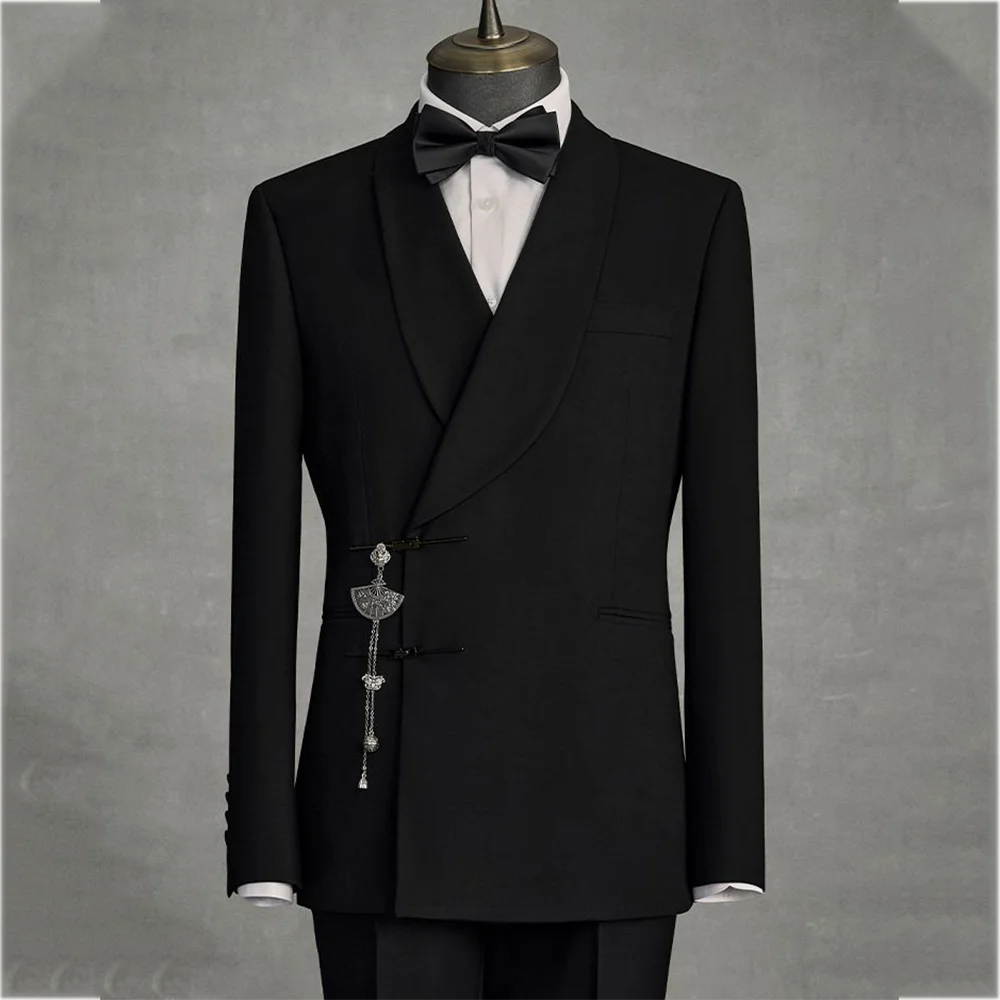 Solid Black Men's Suits Slim Fit Double Button Business Pants Suit Tailored Prom Party Wedding 2 Piece Jacket With Pants