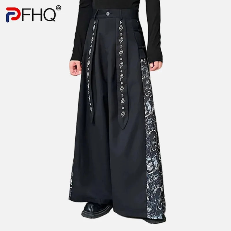 PFHQ Embroidered Ribbon Skirt Pant New Chinese Style Personality Men Patchwork Wide Leg Casual Trousers Fashion Versatile 9C3118