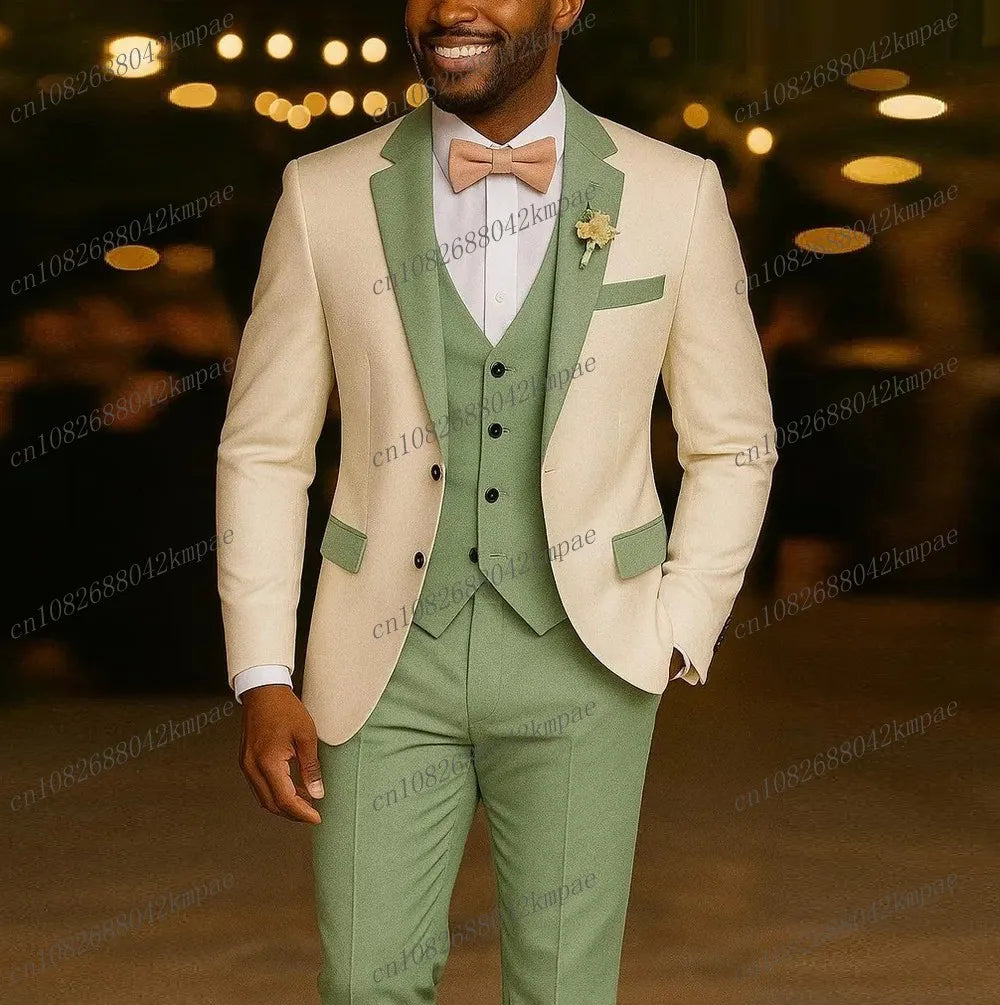 White And Mint Green Men Suit Formal Occasion Groom Groomsman Wedding Party Prom Male Tuxedos 3 Piece Set Blazer Vest Pants