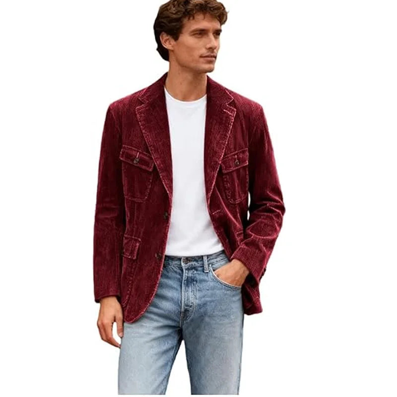 Vintage Men's Corduroy Casual Blazer Slim Fit Solid Color Black Brown Fashion Single Breasted Outerwear Customized Male's Jacket