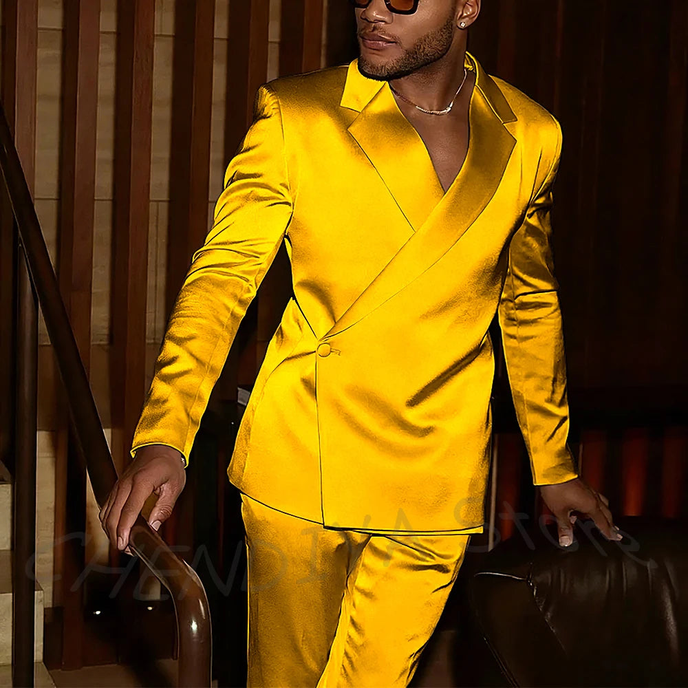 Fashion Notch Lapel Satin Men Suit High Quality Single Button Slim Fitted Outfit Jacket Pants Model Show Party Prom Male Set