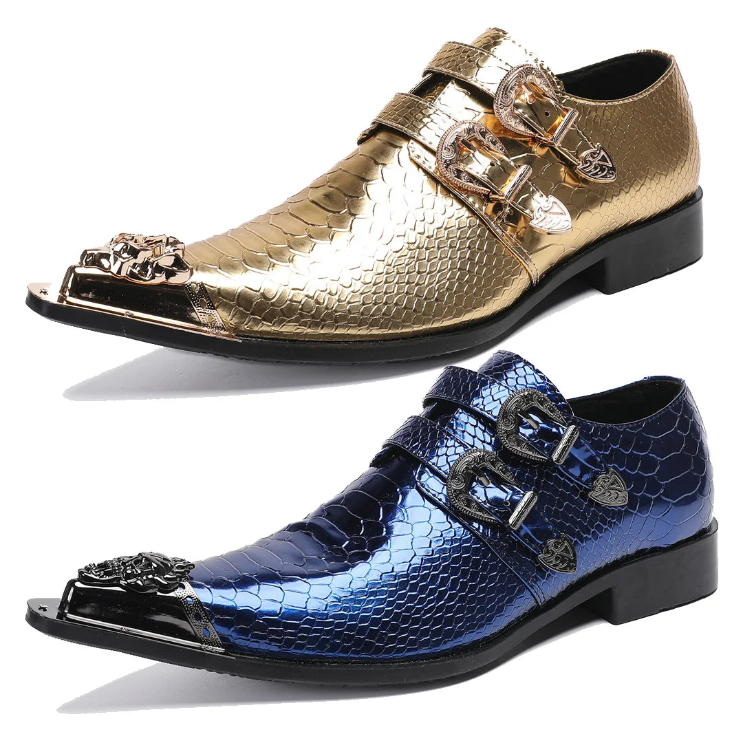 New Large Men's T-Stand Shoes Gold Blue Metal Toe Leather Shoes Spring and Autumn Buckle Punk Party Shoes