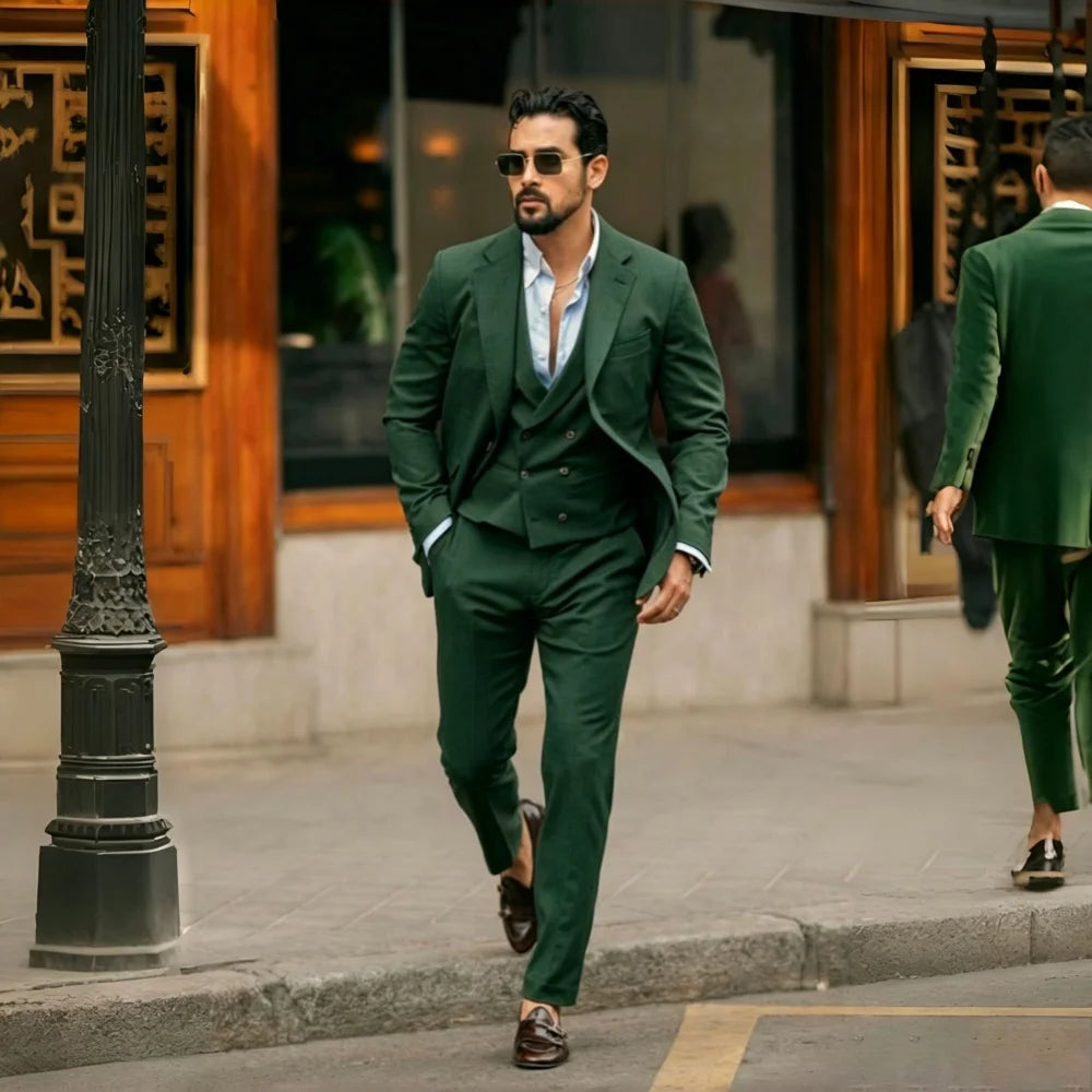 Sage Green Linen Men Suits 3 Pieces Prom Wedding Tuxedo Summer Slim Fit Groom Blazer Trousers Vest Set Formal Men Suit Set