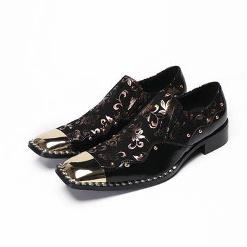 Men's Oxford shoes with rivets and sliding sleeves  gold flower wedding shoes  genuine leather  metal toe casual and happy shoes