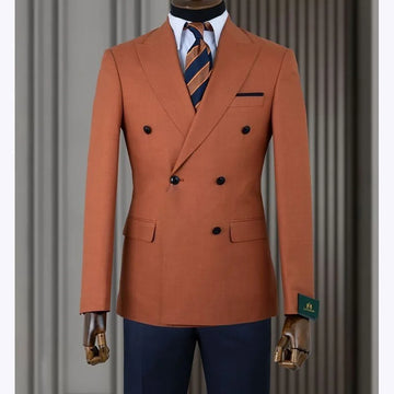 Stylish Men Suits Contrast Color Formal Blazer Male Clothing Double Breasted Business Casual Party Prom Jacket Pants Navy Blue