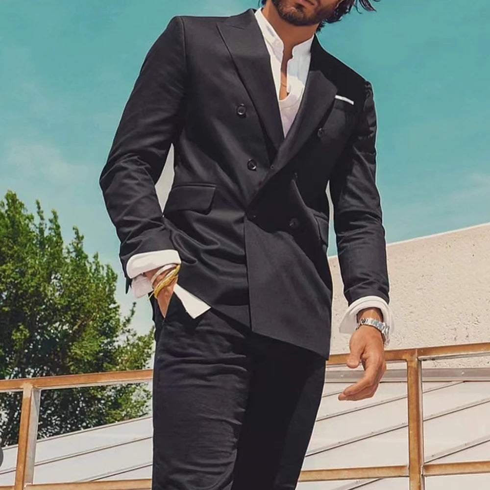 2025 New Style Men Wedding Suits Black Satin Peaked Lapel Business Casual Formal Costume Homme Slim Fit 2 Pcs Set Jacket Pants