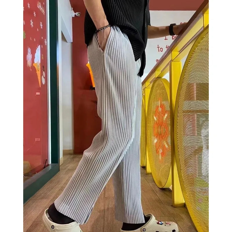 Miyake Pleated Men's Slit Black Pants Draped Fall Casual Loose Straight Trousers Simple Commuter Clothing Wrinkle-Free